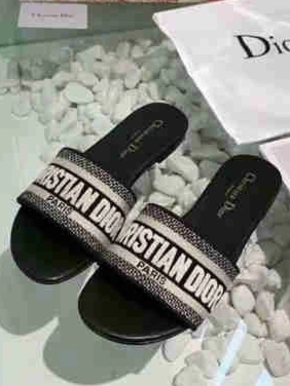 Christian Dior Dway Black White Embroidered Logo Slide Sandals